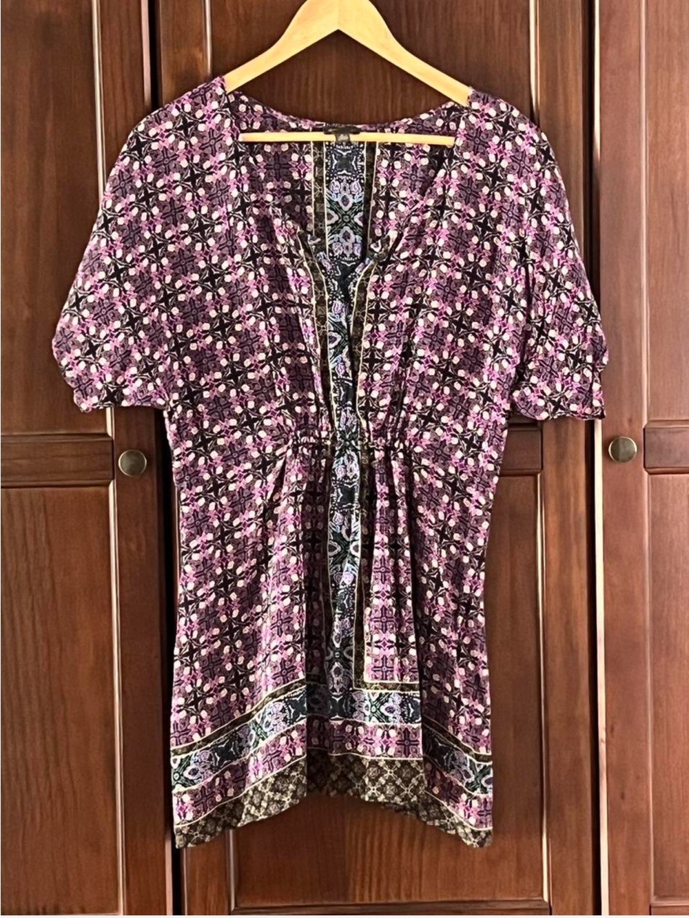 Anthropologie 100% Silk Boho Tile Print Tunics Blouse V-Neck Cinch Waist